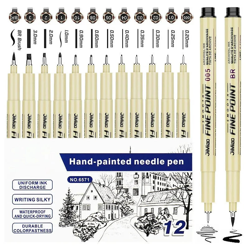 Needle drawing pen with waterproof hook line art cartoon design and hand-drawn syringe sketch styles