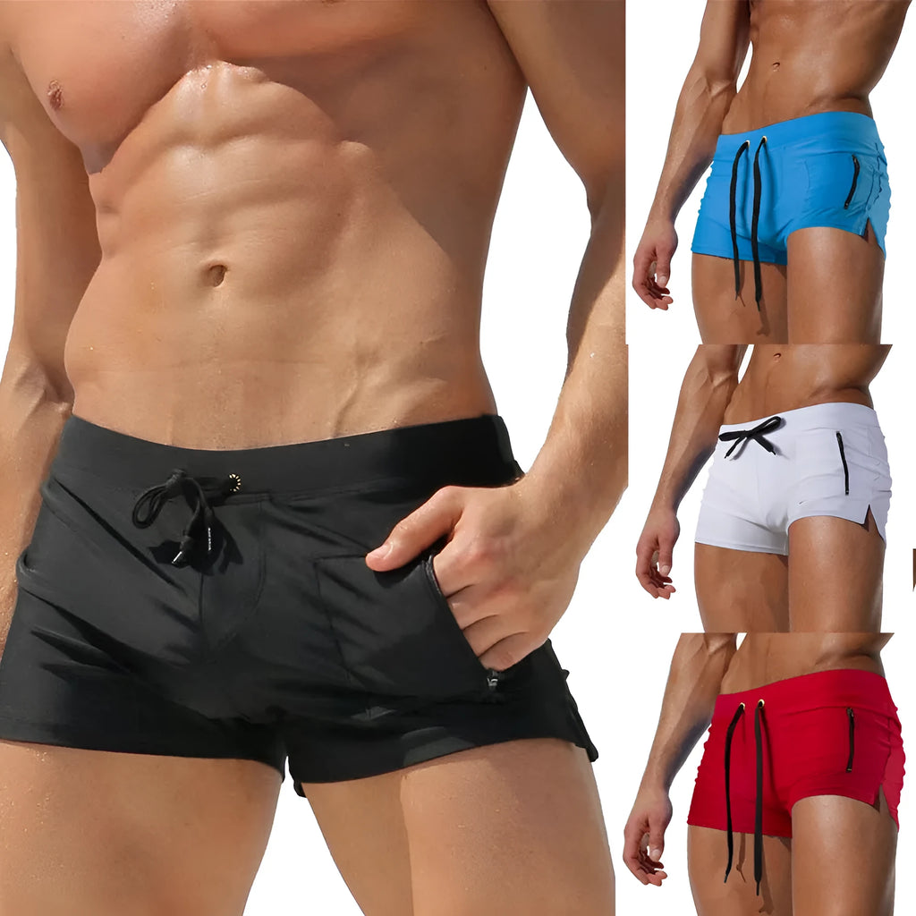 Men's black high-waist polyester swimming trunks with lace-up detail and spandex lining