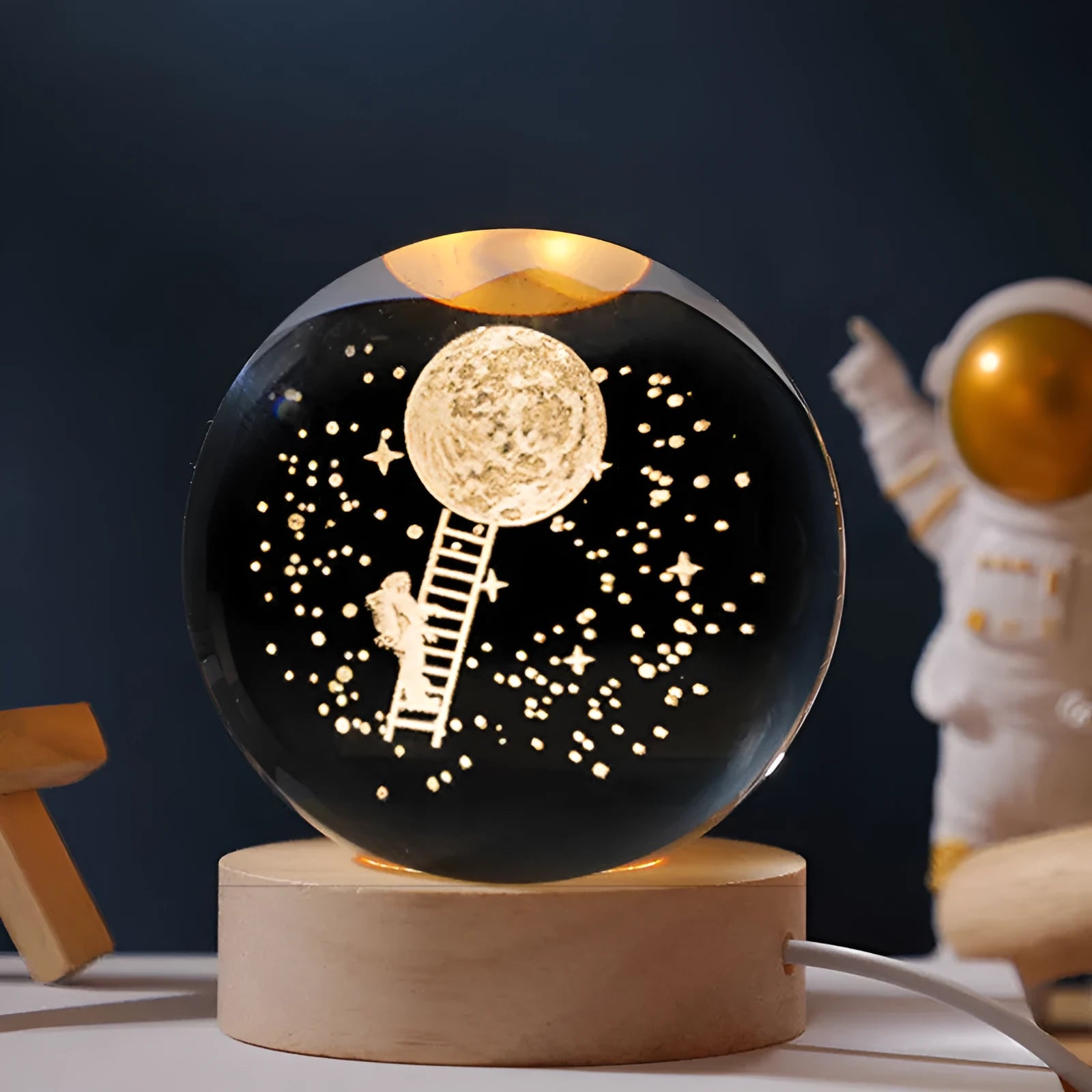 Starry sky luminous crystal ball with LED light on a 6cm round wooden base for desktop decoration
