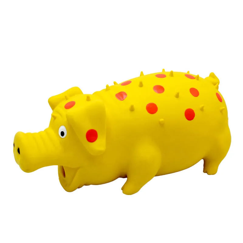 Blue pig-shaped latex dog chew toy with a textured surface and squeaker.