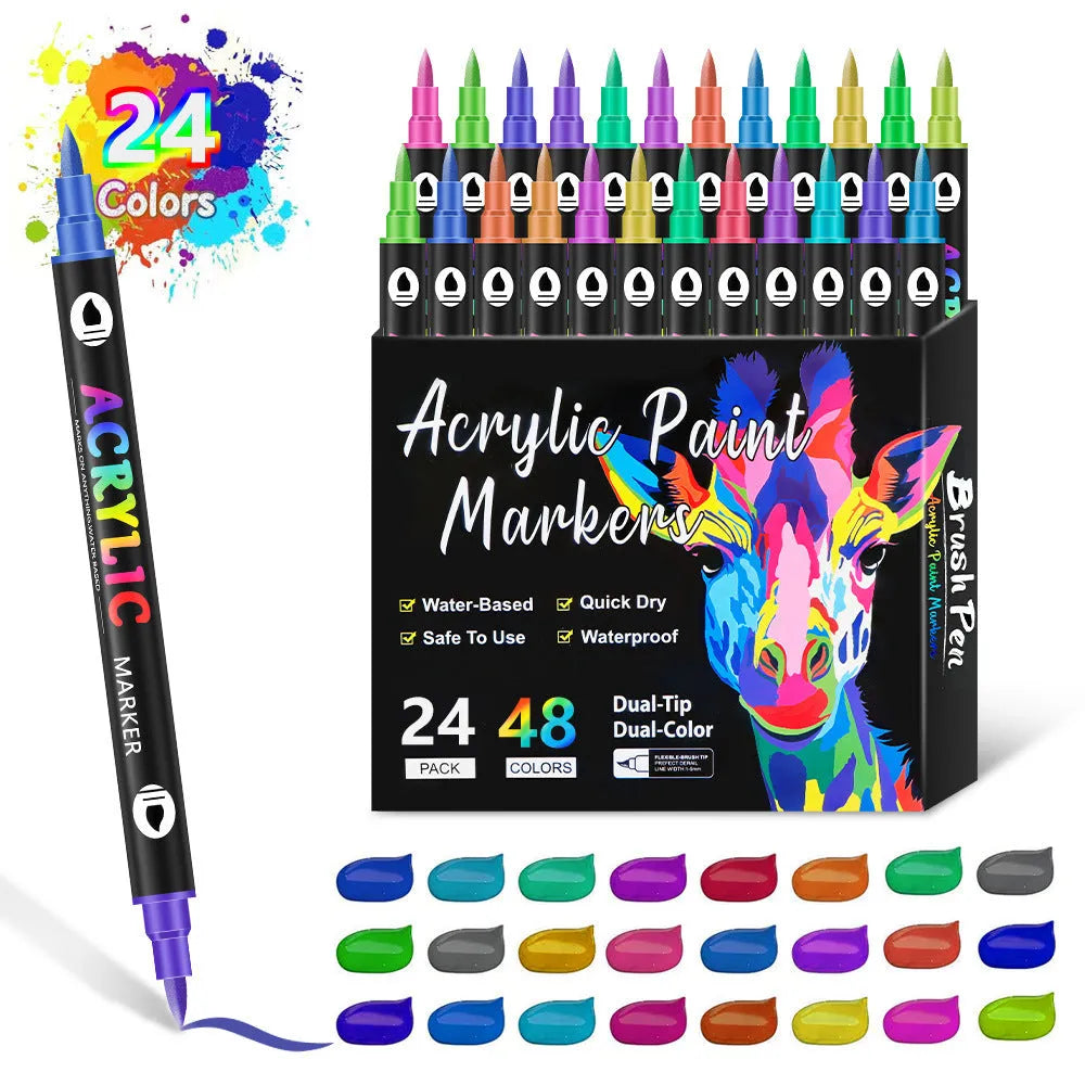 Set of double-headed acrylic marker pens showing fine and broad tips, with washable quick-dry opaque colours.