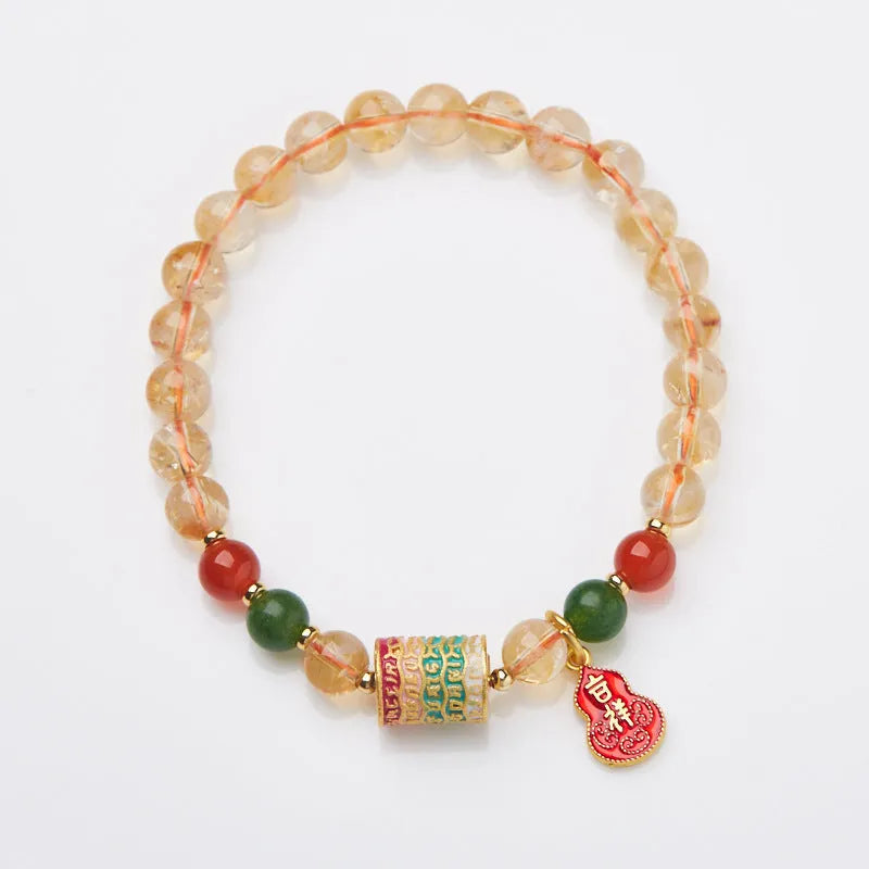 Hand-woven citrine five sutra bracelet with 6mm crystal beads and geometric five-warp design