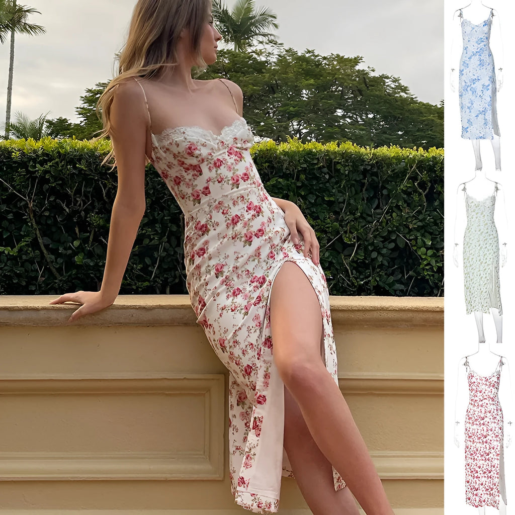 Women's lace floral print summer dress with side slit and suspender straps in polyester fabric