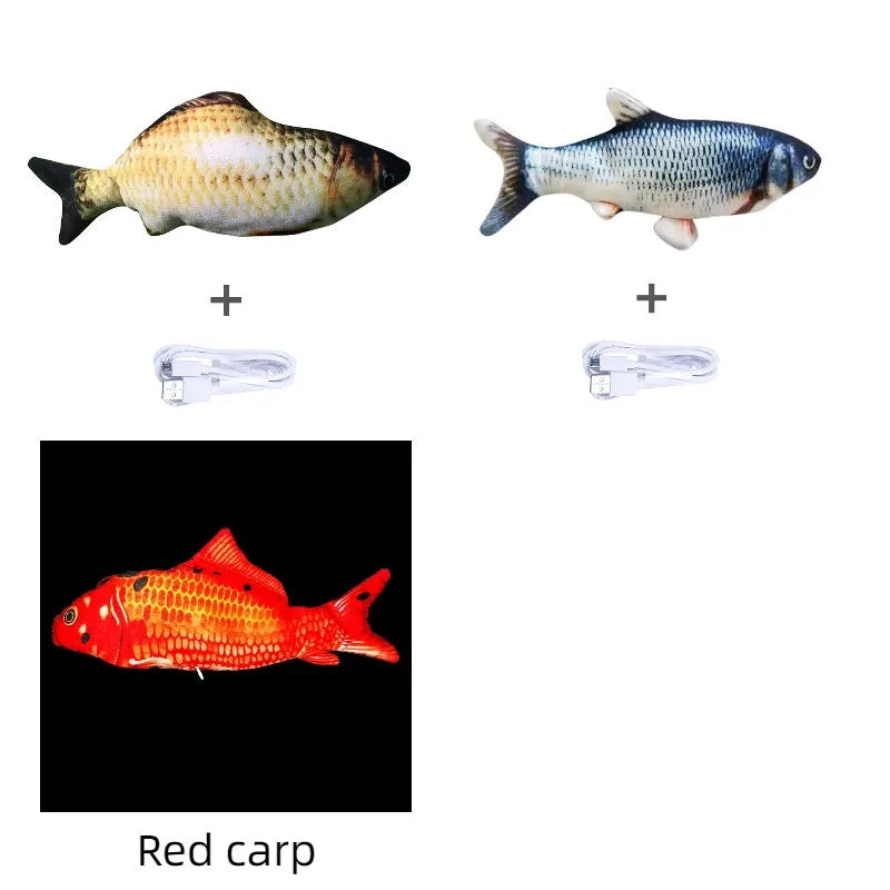 Electric jumping fish simulation cat toy showing multicolor options and USB charging cable.