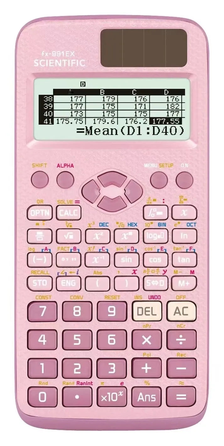 Scientific calculator with natural display in black, blue, or pink options for complex statistics