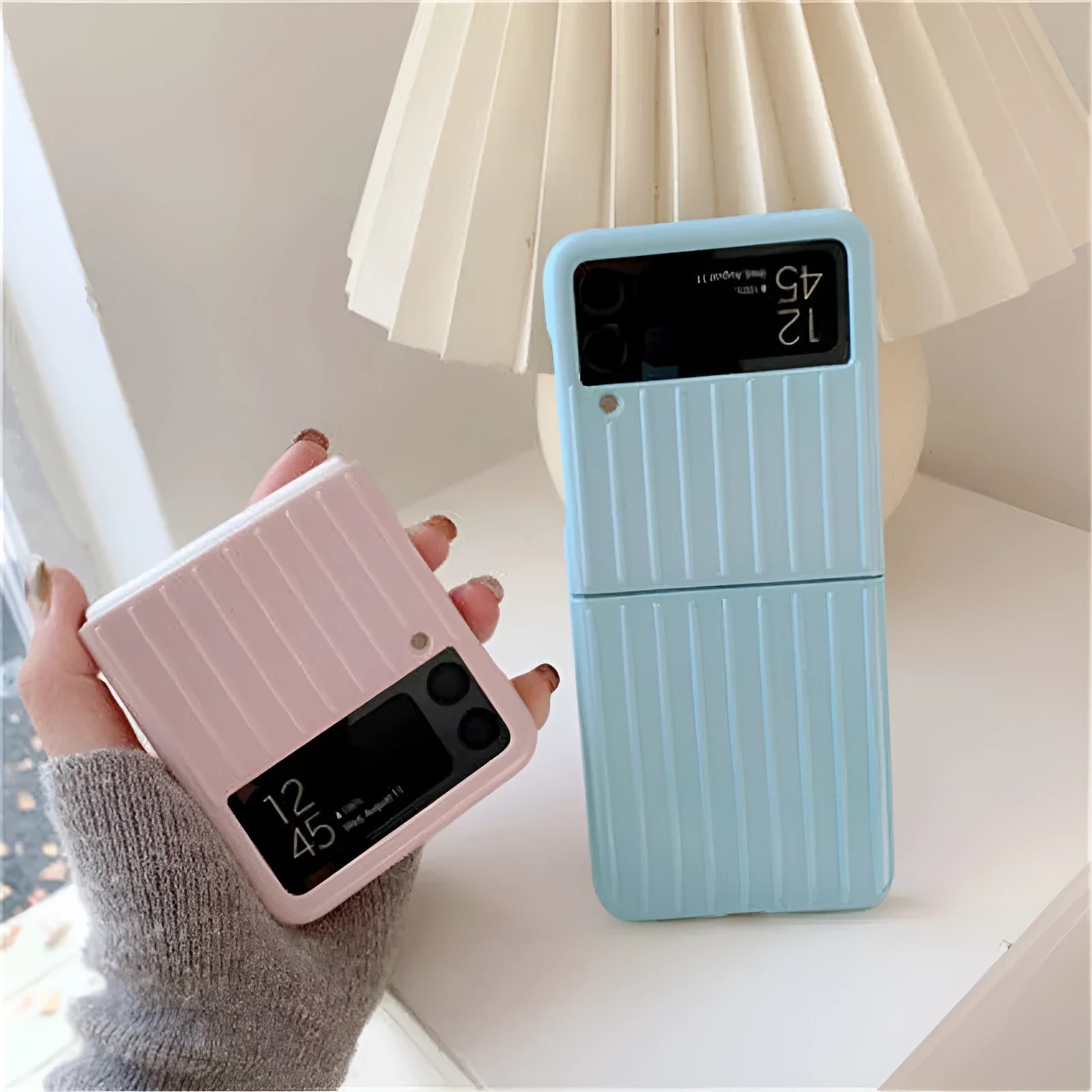 Samsung Z Flip3 ultra-thin PC flip case in seven colour options showing front and back views