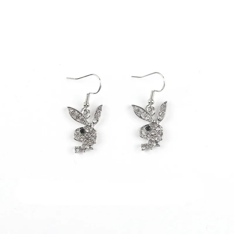 Rabbit stud earrings with diamond-cut pattern in gold, pink or silver alloy