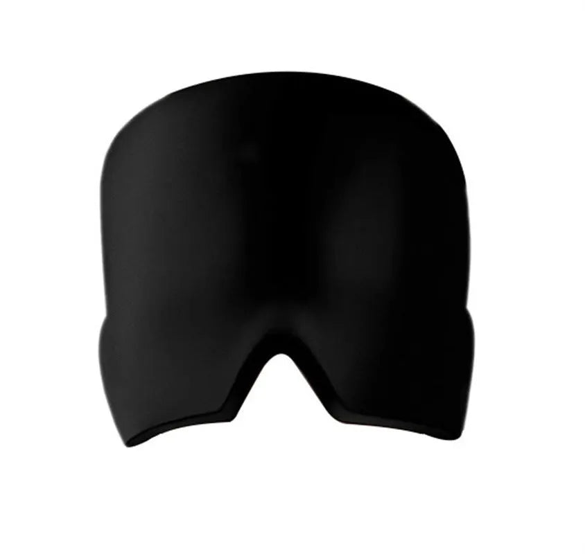 Black elastic cloth gel cold therapy eye mask for headache relief on grey background.