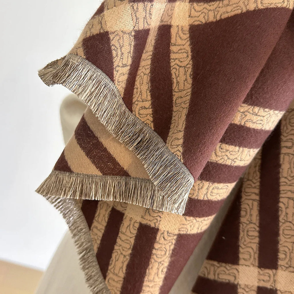 Women's imitation cashmere scarf with tassels in brown colour showing 185cm length