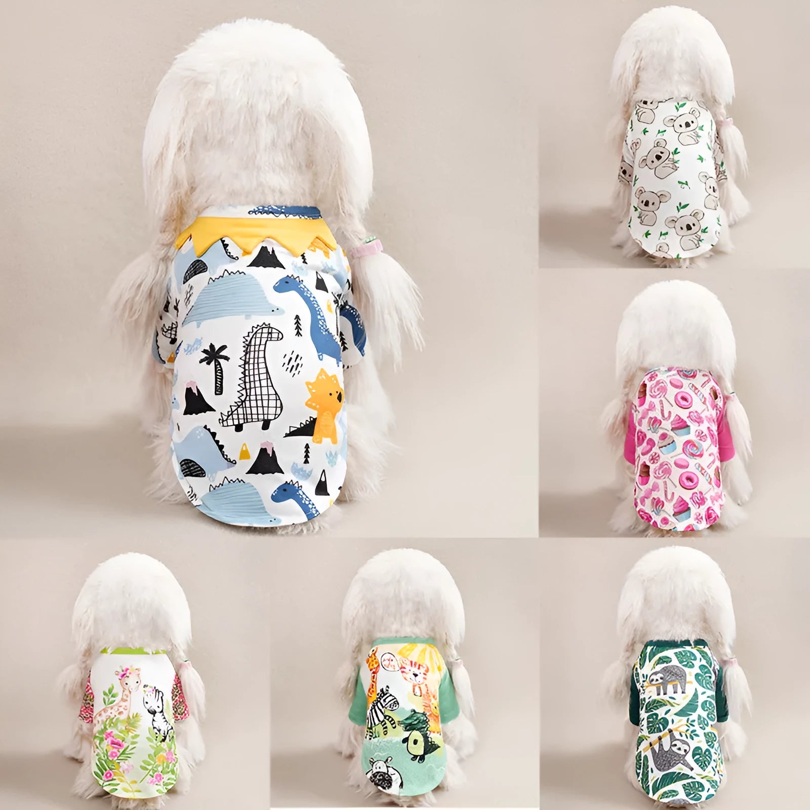 Colourful printed casual t-shirt on a small dog, showing sizing from S to XXL for weights 1.5-8 kg.