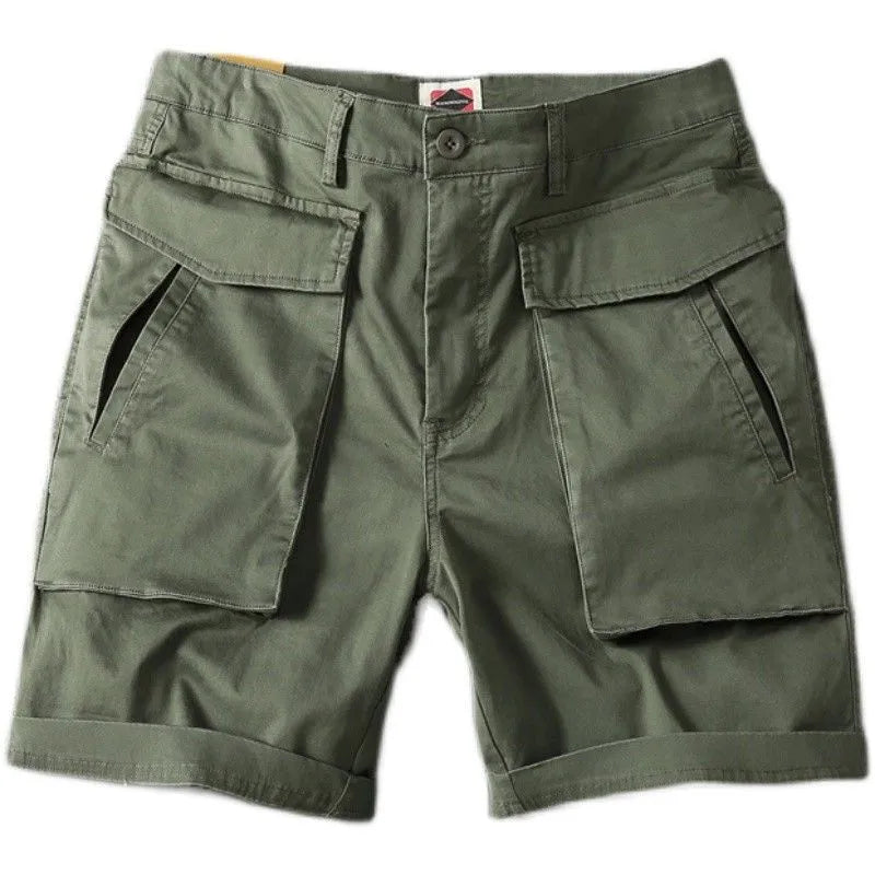 Men's stretch cotton cargo shorts in Army Green showing multiple pockets and straight-leg cut