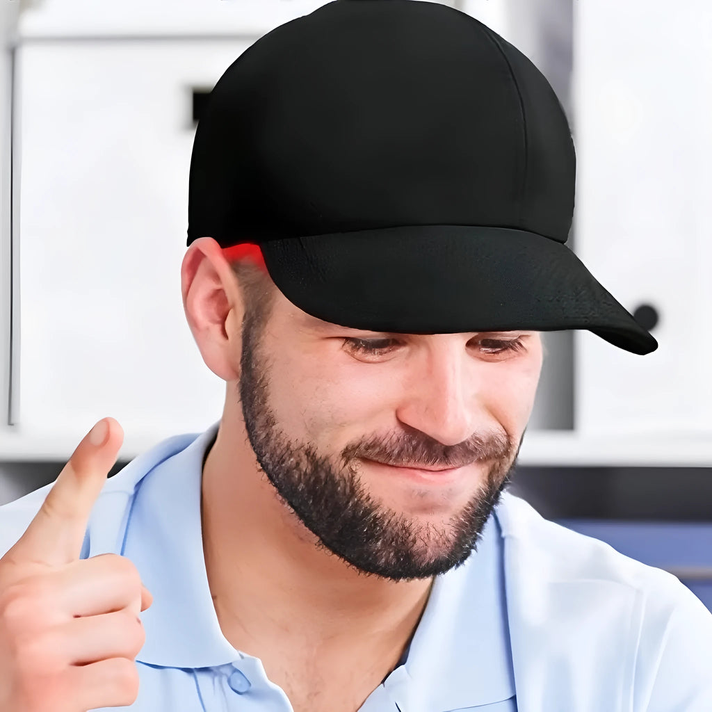 Black infrared duckbill peaked cap for hair growth therapy with LED light panels