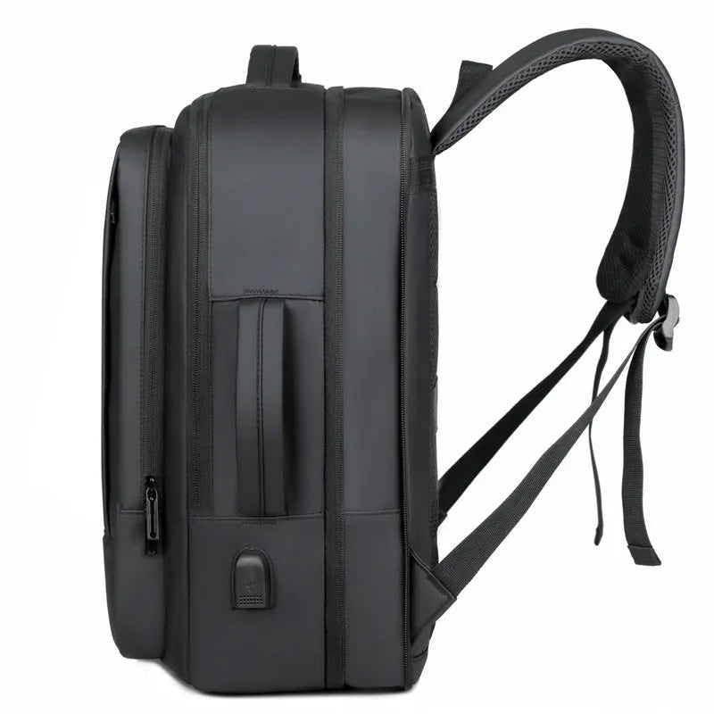 Men's waterproof Oxford cloth backpack with curved shoulder straps shown in black colour