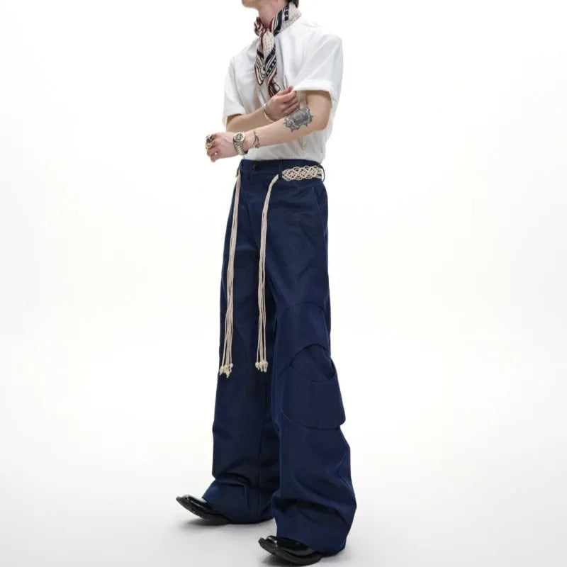 Men's straight-leg cotton trousers in dark colours with placket zipper and decorative pocket details