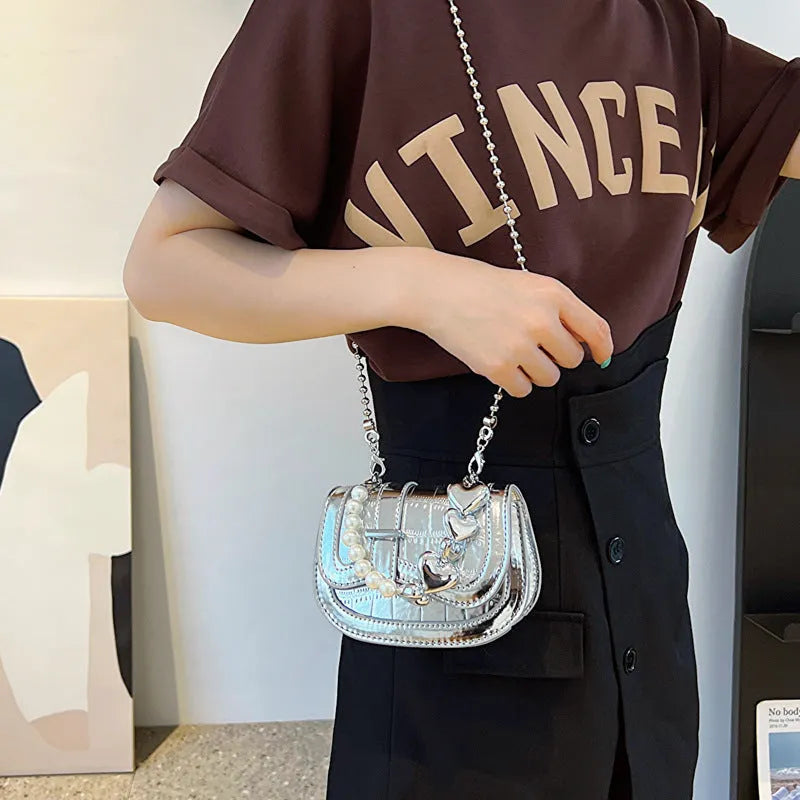 Women's silver PU crossbody bag with horizontal square design and mobile phone pocket
