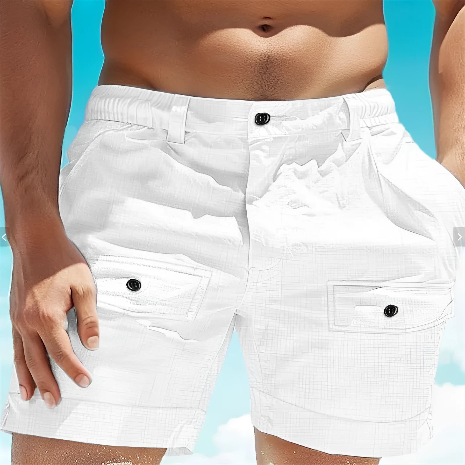 Men's linen beach shorts with elastic waist and button pockets in straight cut
