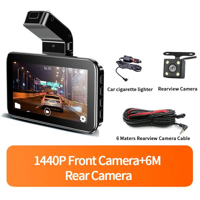 3-inch screen car dash cam DVR with dual lens for front and rear vehicle recording.