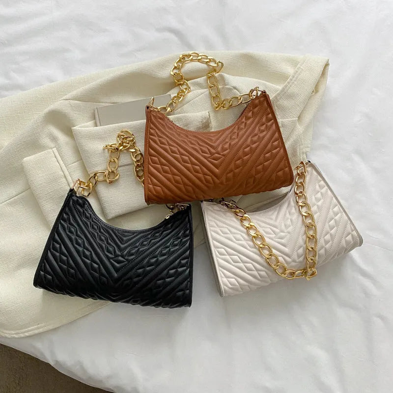 PU pleated chain baguette shoulder underarm bag in vertical square shape with adjustable strap
