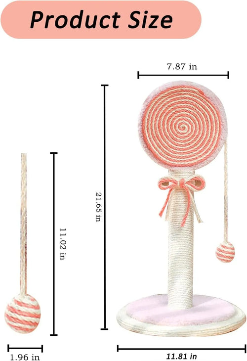 Blue cat scratching post with natural sisal rope and a hanging yellow ball on a sturdy wooden base.