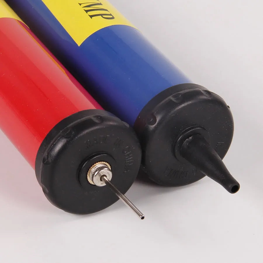 Plastic manual air pump for sports balls in mixed colours showing four size options