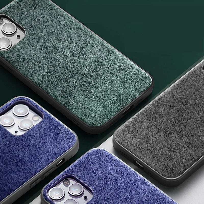 Suede iPhone case in dark blue colour showing full-cover design on an iPhone model.