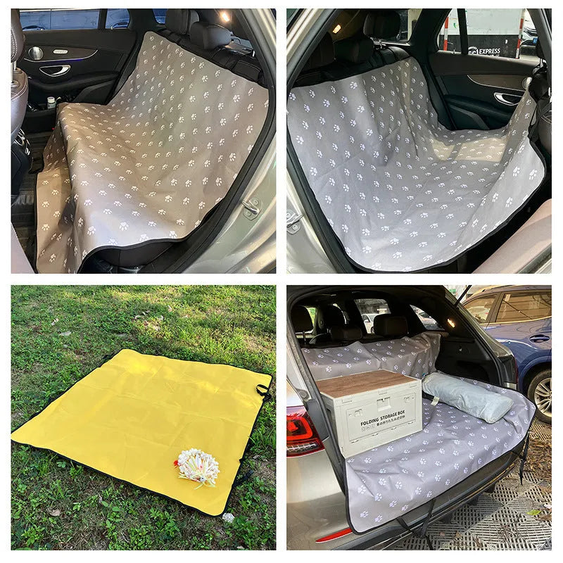 Waterproof car rear seat pet mat with non-slip backing in grey with dog footprint pattern