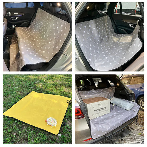 Waterproof car rear seat pet mat with non-slip backing in grey with dog footprint pattern