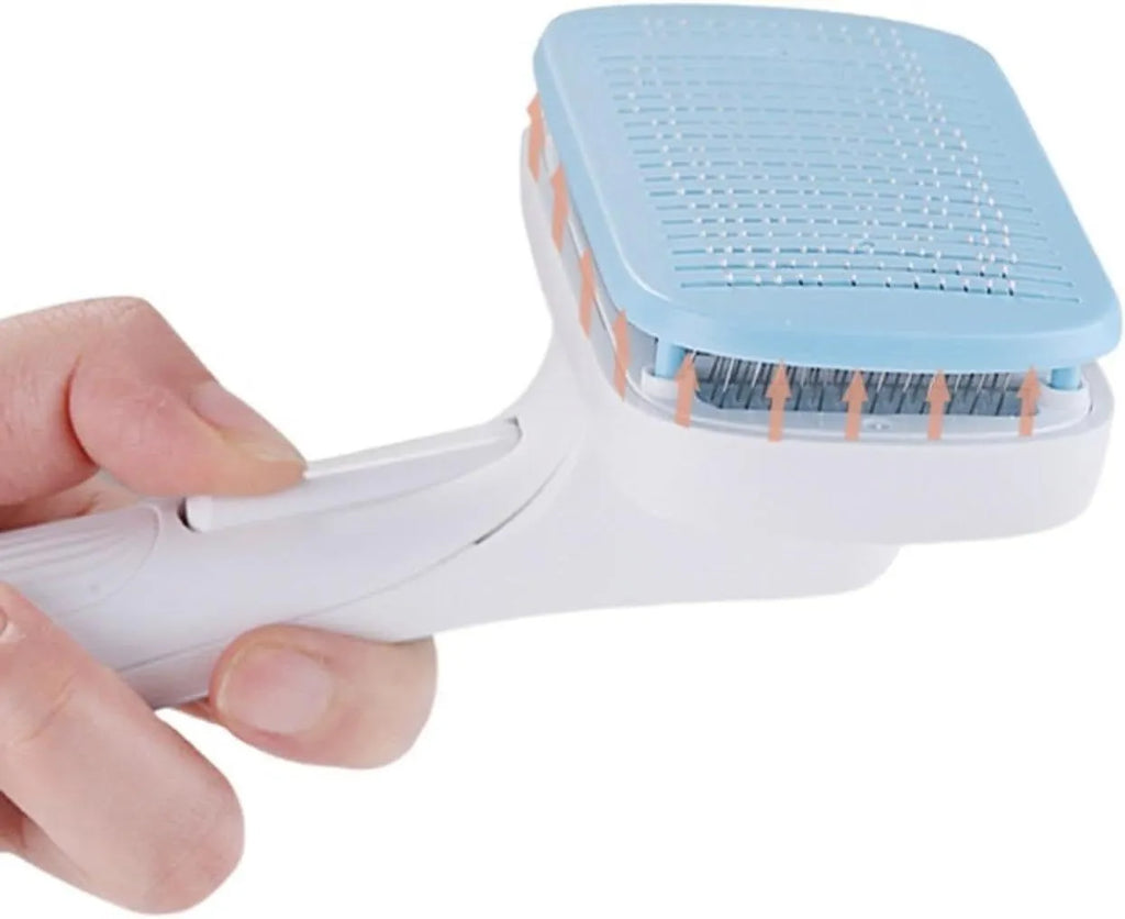 Automatic pet hair removal comb in blue, showing compact design and needle comb.