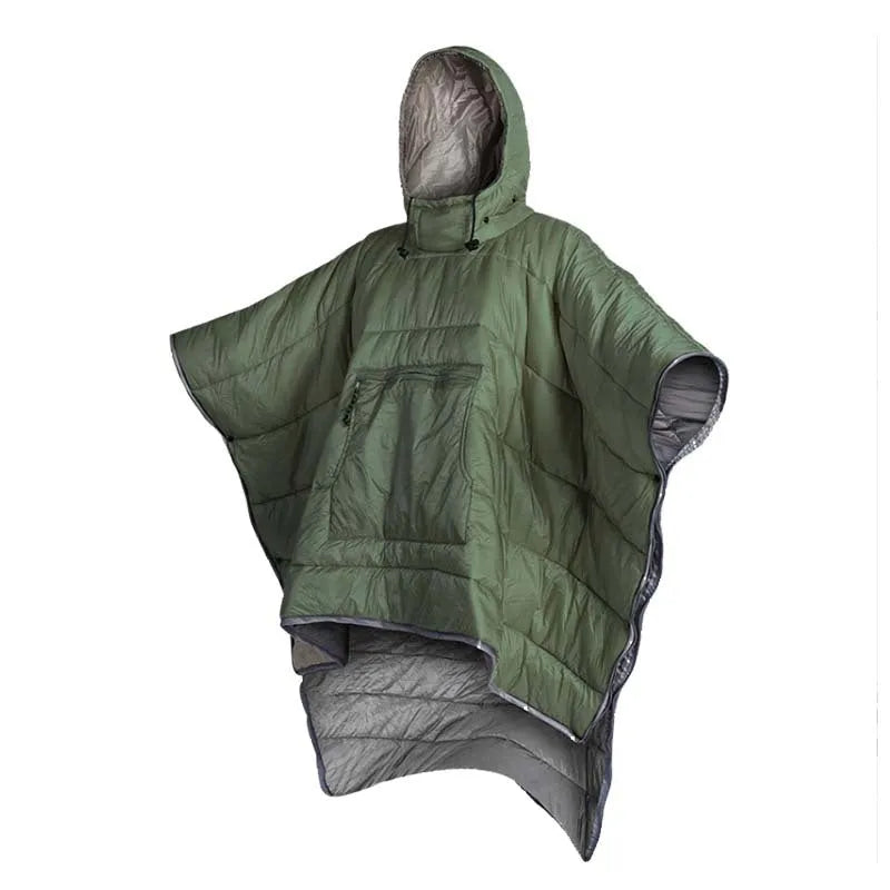 Army Green outdoor cloak sleeping bag with 200x140cm dimensions shown in convertible format