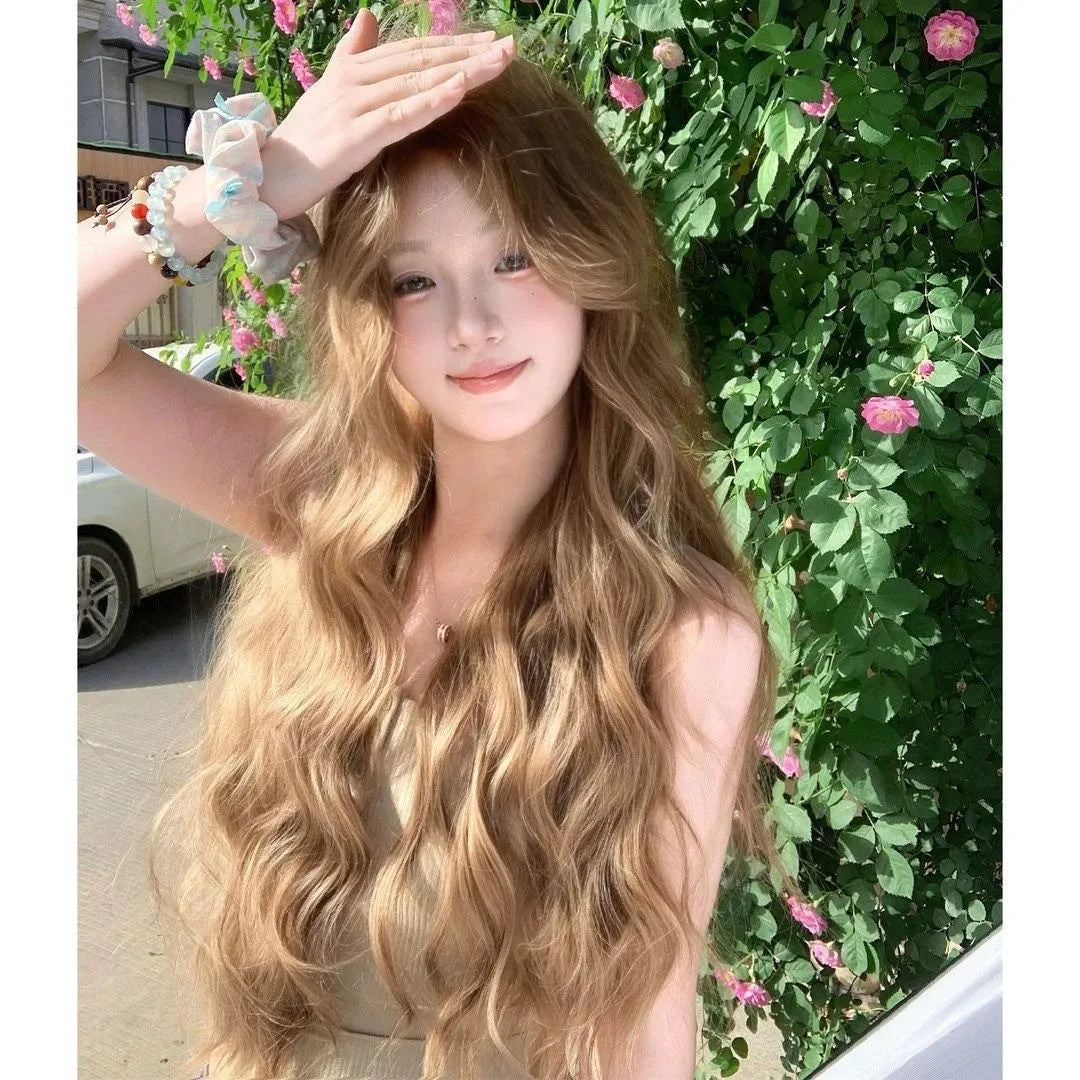 Medium length brown linen curly synthetic wig displayed with included hair net