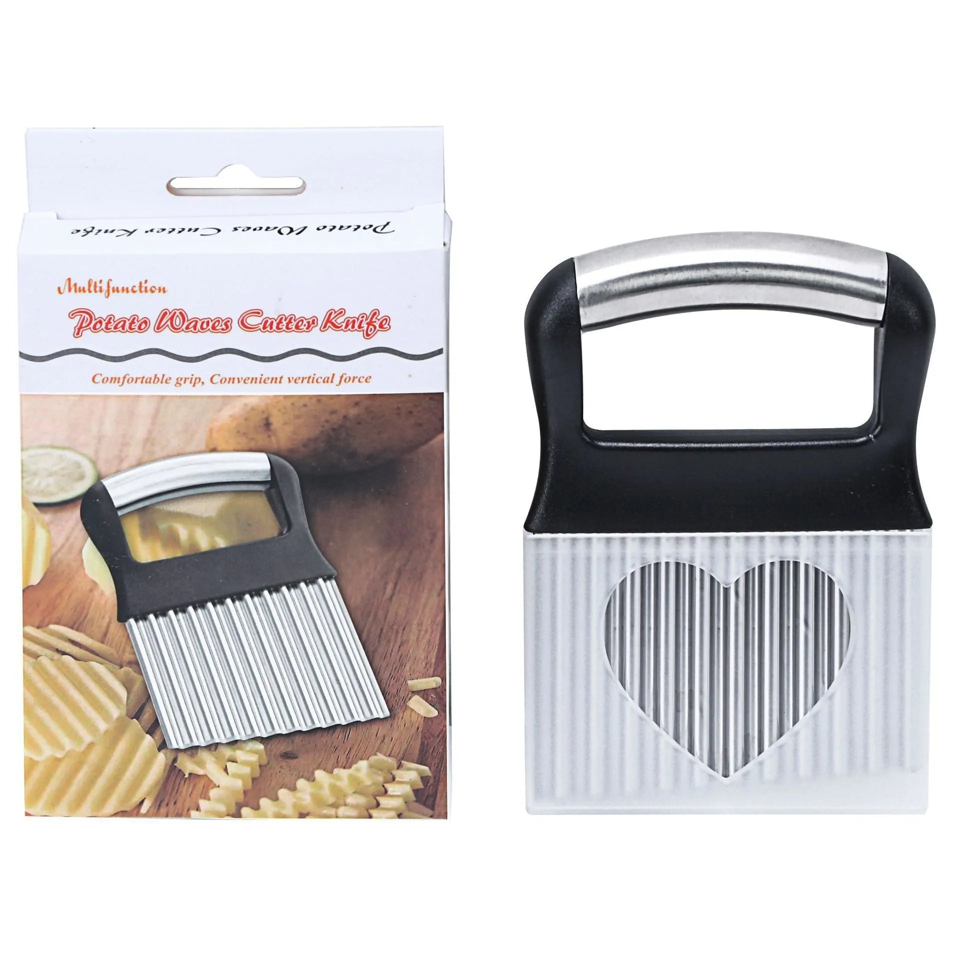 Stainless steel potato wave knife with serrated blade on a kitchen counter.