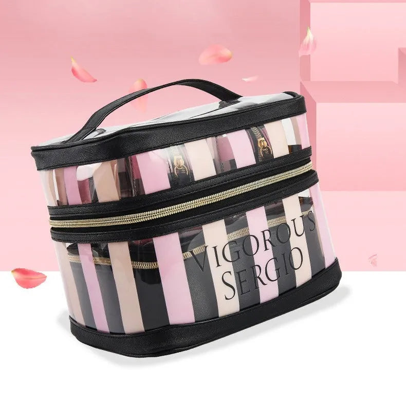 Pink bold stripes flower pattern synthetic leather waterproof folding makeup bag