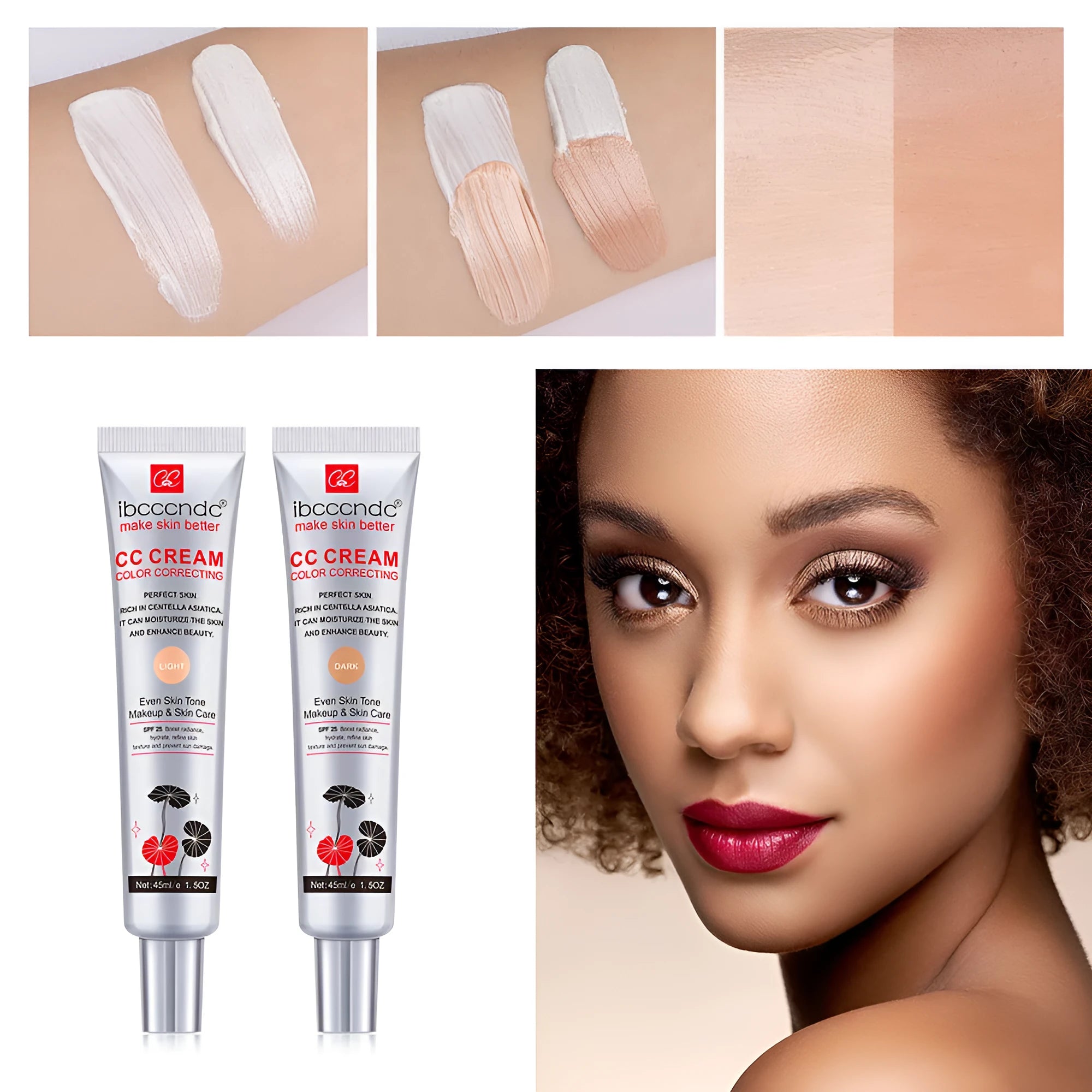 Erborian Centella Asiatica CC cream tube in dark and light shades, a colour correcting moisturising makeup primer.