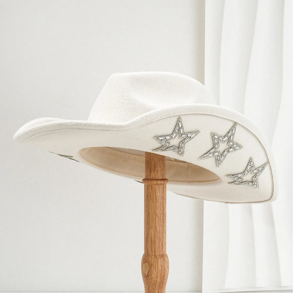 Polyester woolen felt western denim top hat with conical crown and hexagonal star decoration in size M