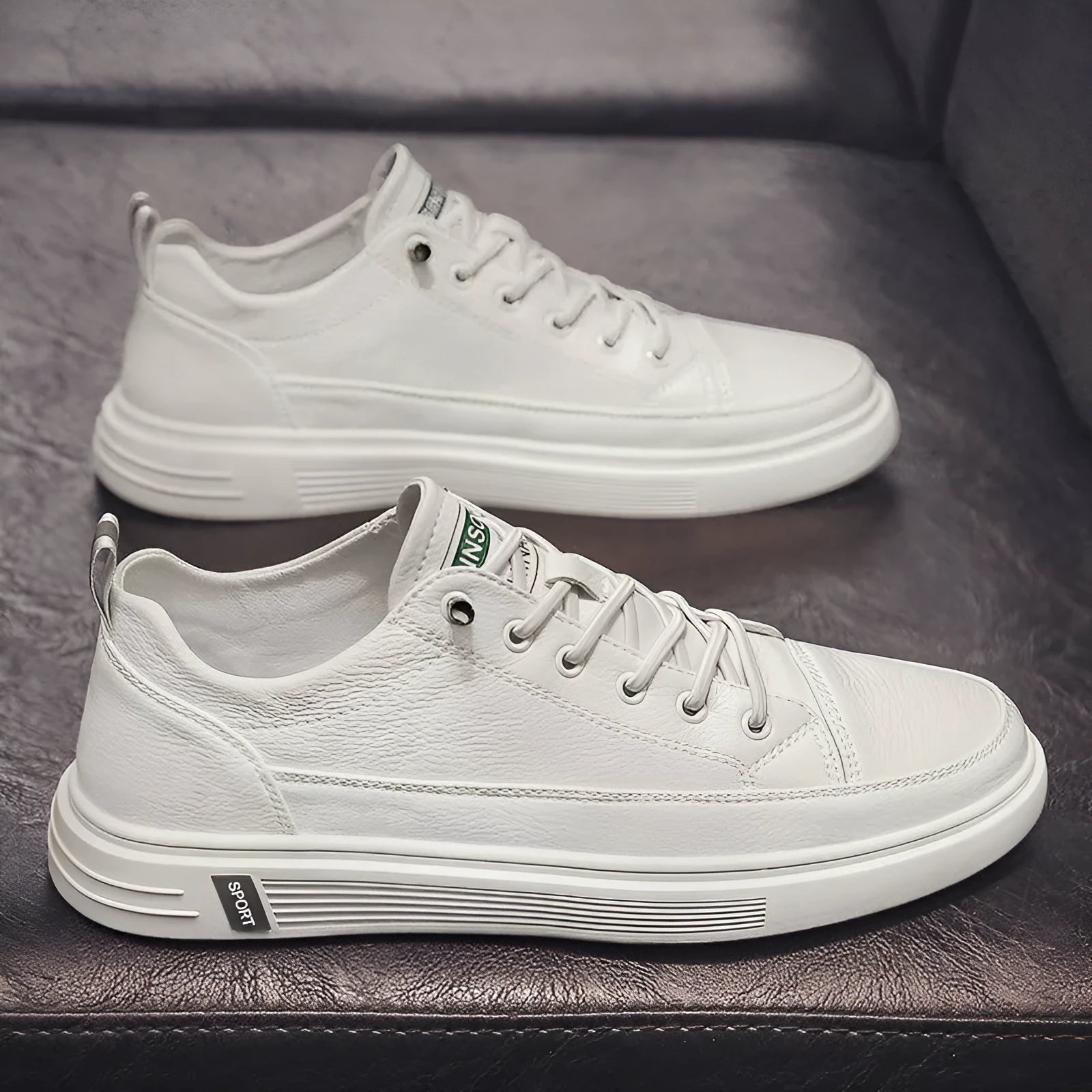 Men's casual PU leather shoes in beige, white, and black with flat sole and low heel