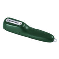 Dark green vegetable peeler with stainless steel blade and plastic storage tube