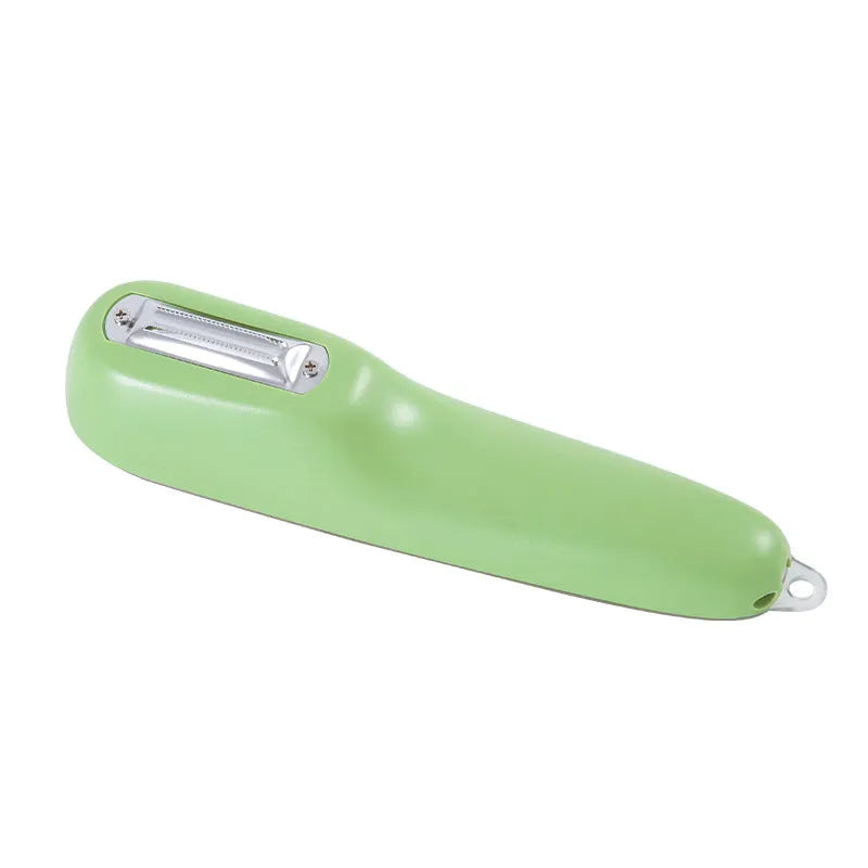 Dark green vegetable peeler with stainless steel blade and plastic storage tube