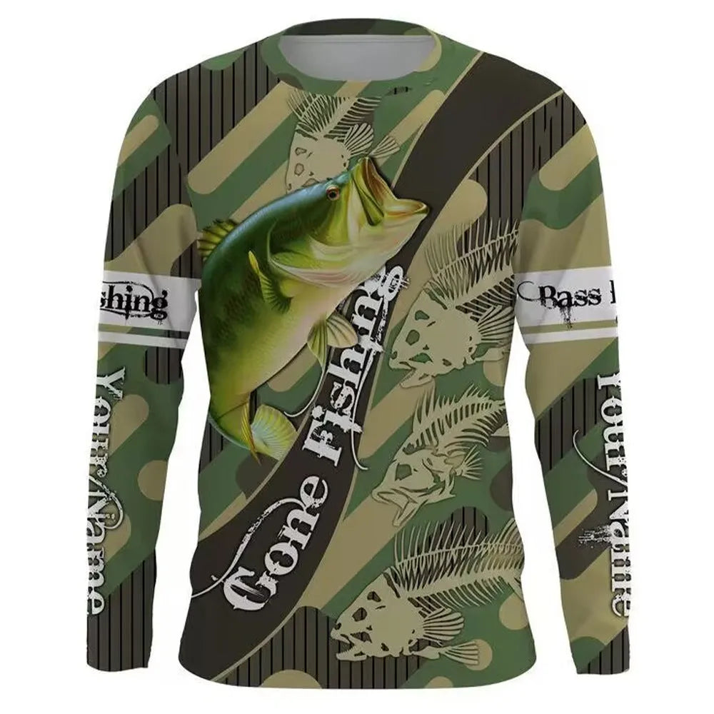 Men's grey round neck long-sleeve top with a large printed blue and orange fish graphic on the front.