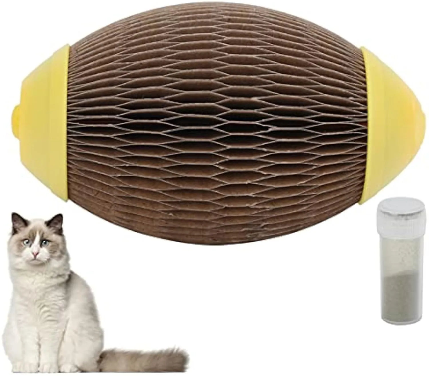 Ellipse-shaped corrugated paper catnip ball scratch toy for cats on a plain background