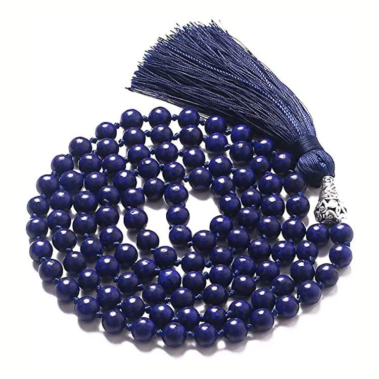 Long colourful agate and stone bead necklace with a geometric tassel, measuring 95-100cm