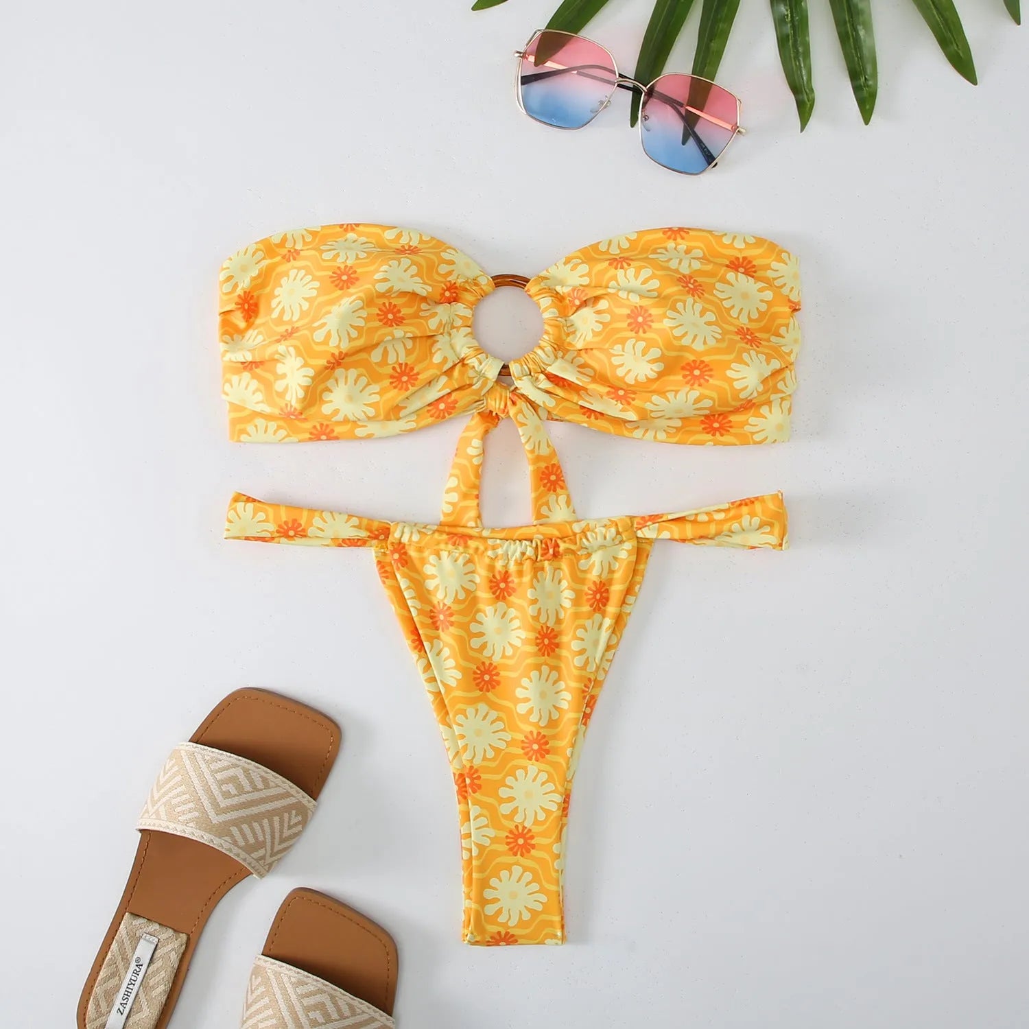 Women's floral printed tube top bikini swimsuit with backless briefs design