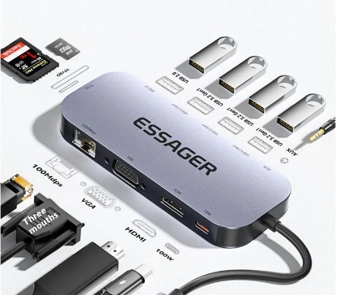 11-in-1 USB-C expansion dock with 20cm cable showing multiple connectivity ports