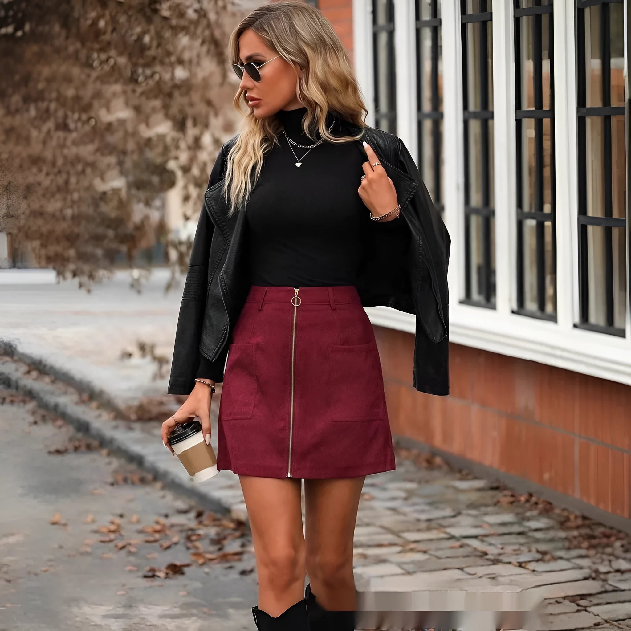 Women's high waist stitched zipper short hip skirt in black, camel, brick red, or dark green
