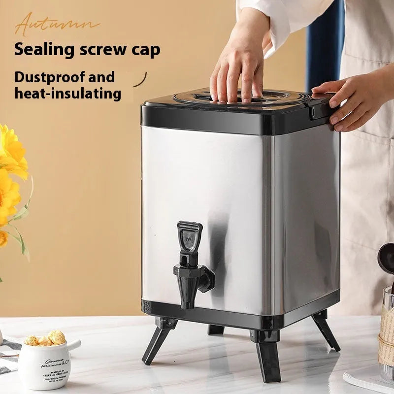 Silver stainless steel milk tea bucket with square lock design showing 8 litre capacity