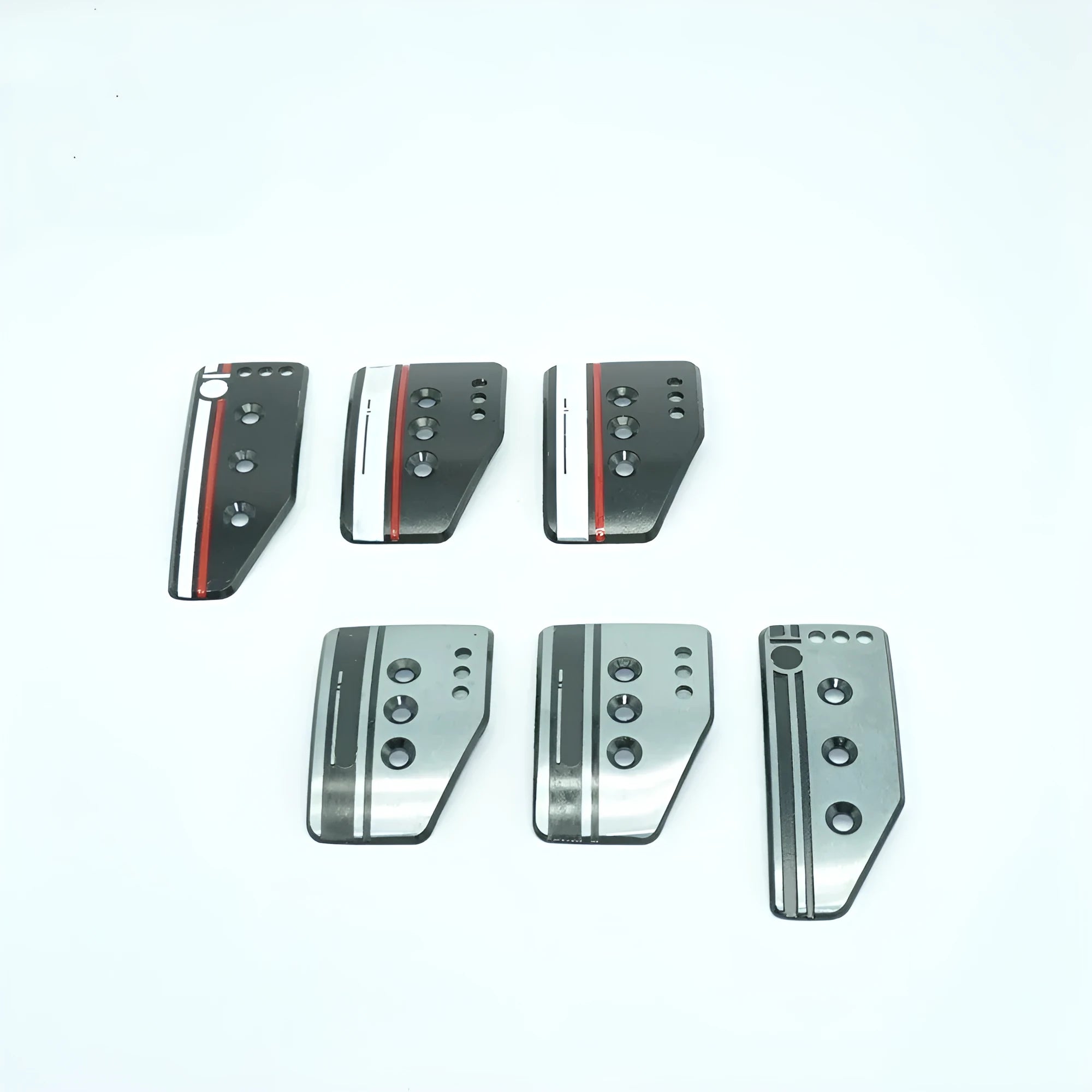 Aluminium alloy manual transmission car pedal set showing brake, accelerator, and clutch pedals with mounting hardware