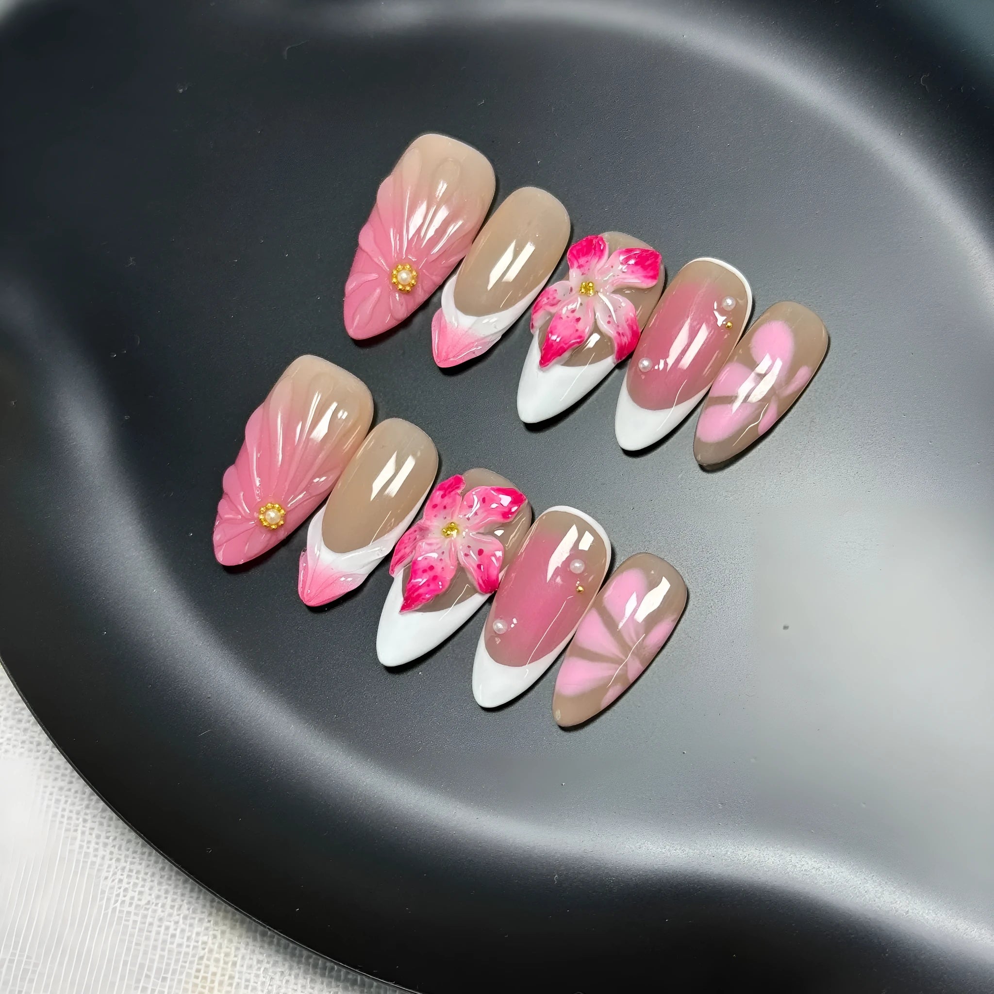 French style manicure plastic wearable armour with three-dimensional lily ice flower design in almond style