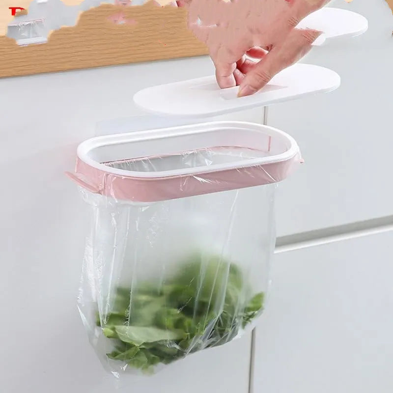 Blue plastic kitchen garbage bag storage rack on cabinet shelf