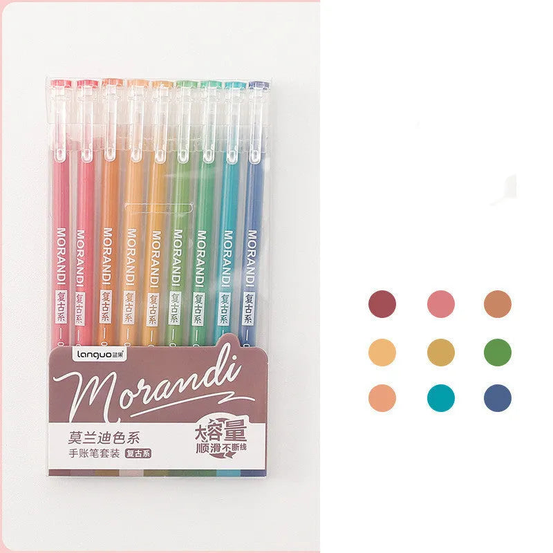 Retro style gel pen set with nine 0.5mm needle tip pens in plastic case measuring 15.2x8.5cm