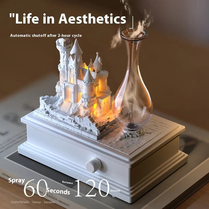 White medieval castle aromatherapy machine with ambient light, showing composite gypsum construction and Type-C charging port.