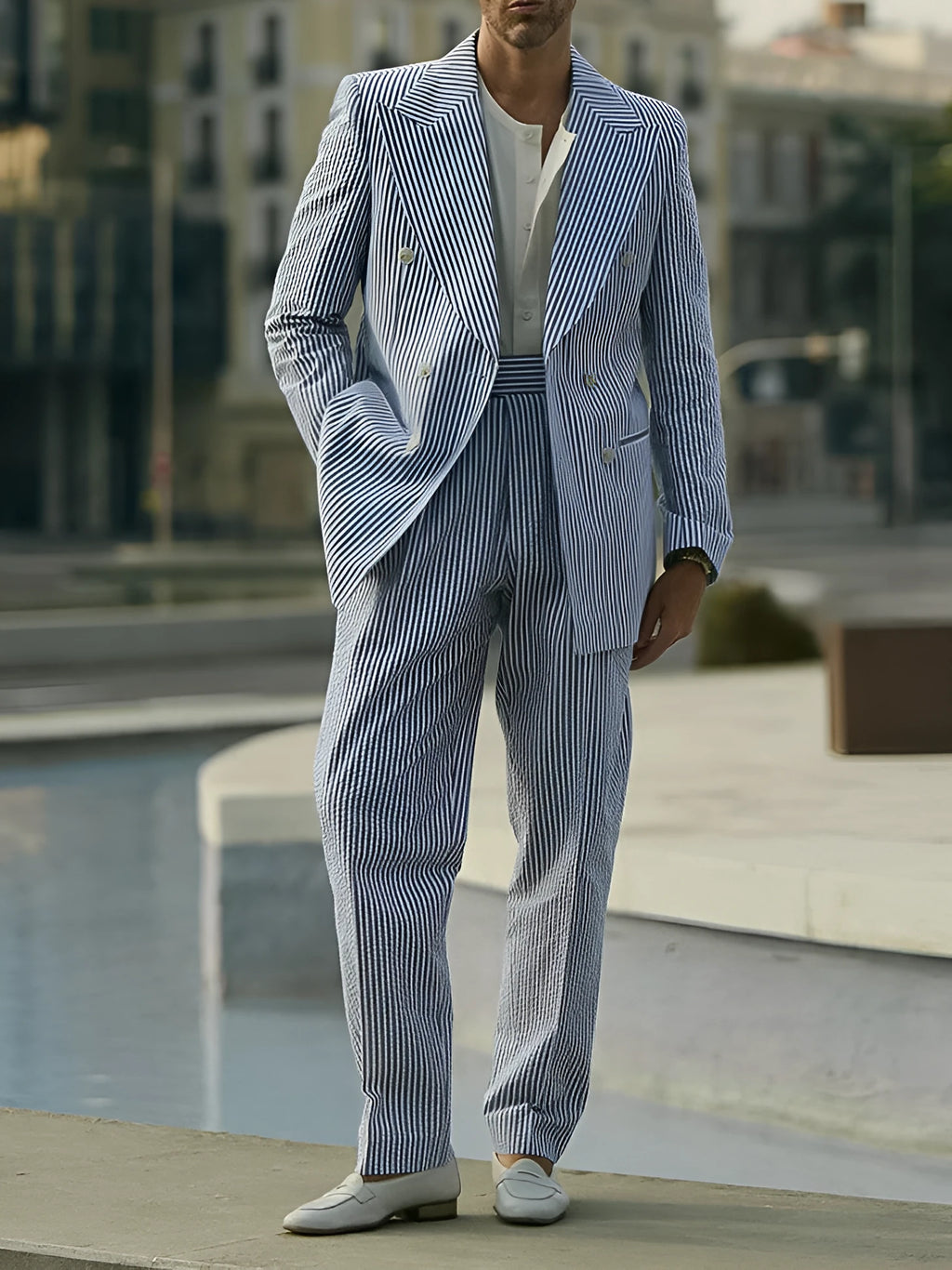 Women's blue and white striped polyester suit set with blazer, trousers and shirt